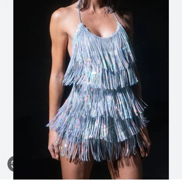 Silver Fringe Mini Dress romper - Picture 2 of 3
